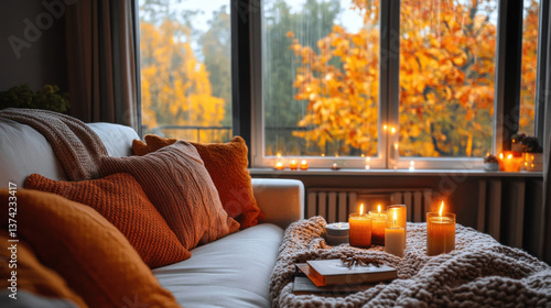 wide view of Cozy fall living room with a white couch, orange and rust-colored pillows on the sofa, 