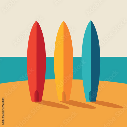 Surfboards stand side by side on a sunlit beach. 