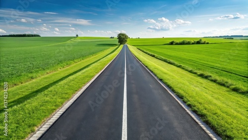 Serene Straight Country Road Surrounded by Lush Green Fields Under Clear Blue Sky with Fluffy White Clouds