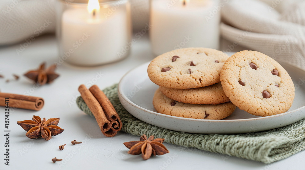 Delicious chocolate chip cookies with spices on a cozy table Delicious chocolate chip cookies with spices on a cozy table
