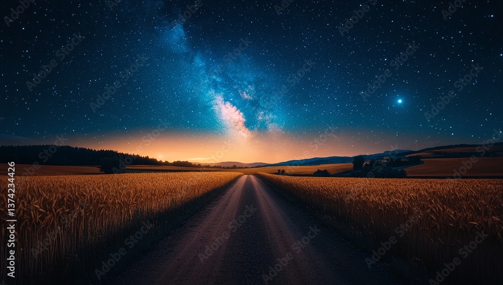 Fototapeta premium Starry night over a golden wheat field. A dirt road leads towards the Milky Way, creating a breathtaking scene.