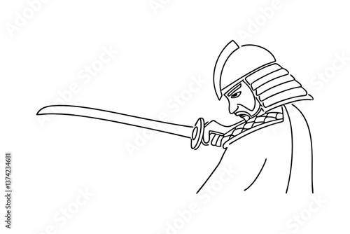 Samurai Warrior Line Art Sword, Helmet, Armor, Japan, Bushido, Courage, Honor, Discipline, Ancient, 
