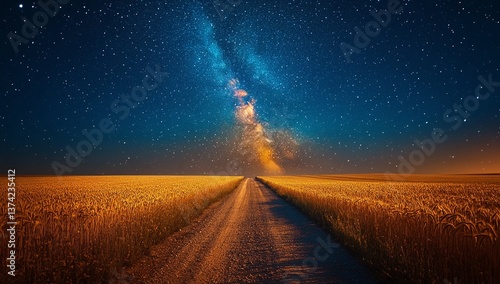 A dirt road cuts through a golden wheat field under a breathtaking night sky, the Milky Way shining brightly overhead.