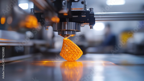 3D printing technology is showcased with advanced printer creating vibrant orange object, highlighting innovation and precision in high tech engineering