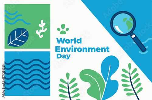 World Environment Day. Vector abstract illustrations of leaves, water waves, mountains and magnifying glass for poster, planet protection and conservation icons, global warming in minimalism and flat