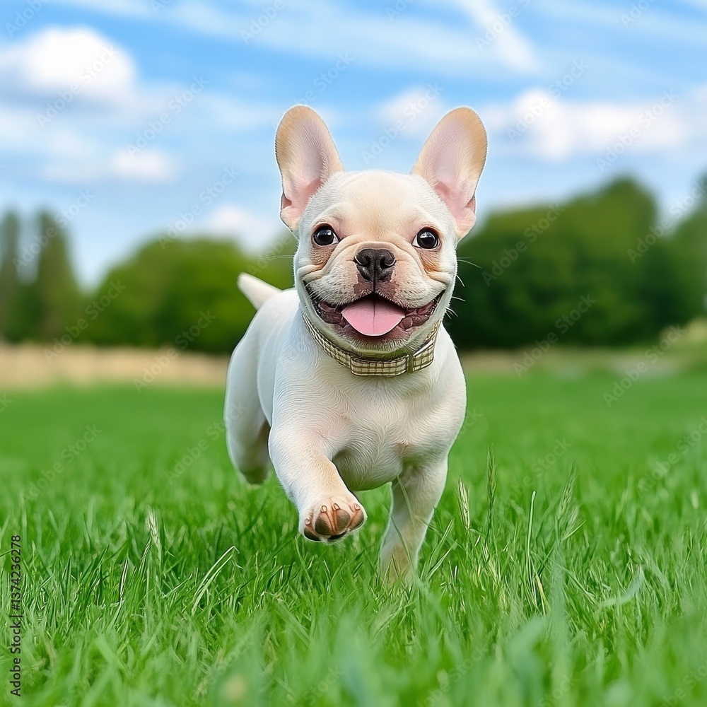 Smiling French Bulldog Running Joyfully Through Green Grass Smiling French Bulldog Running Joyfully Through Green Grass