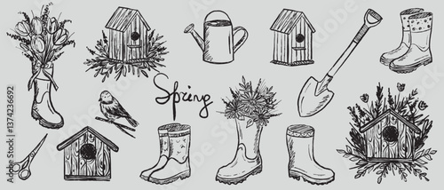 Garden equipment with rubber boots, flowers, bird feeder birdhouse, watering can, shovel in black brush stroke texture isolated on white. Hand drawn vector sketch illustration in vintage charcoal ink
