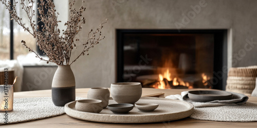 modern organic designer LIVING room with beautiful stoneware tableware, interior design, japandi, neutral colors, cozy, fireplace, christmas decor