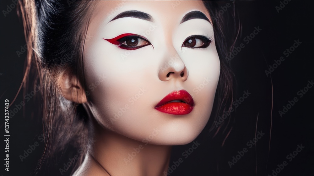 a geisha in traditional makeup, looking with confident attitude a geisha in traditional makeup, looking with confident attitude