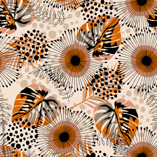 Abstract boho tropical pattern. Modern seamless pattern with leaves, shapes for minimalist art print, textile, boho wallpaper decor. Flat design.