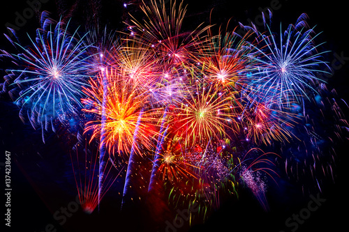  colourful firework display set for celebration happy new year and merry christmas and  fireworks on black background