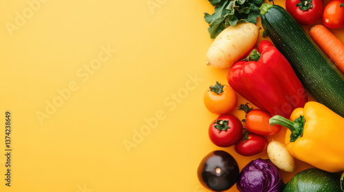 flatlay of raw vegetables on a solid yellow background 
