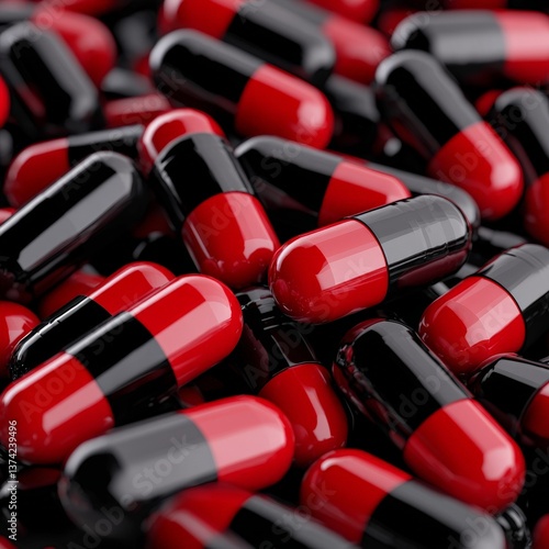 Black and red capsules in scattered layout over dark background representing strong pharmaceutical design bold medical therapy and medicine dosage symbolism in visual contrast setting