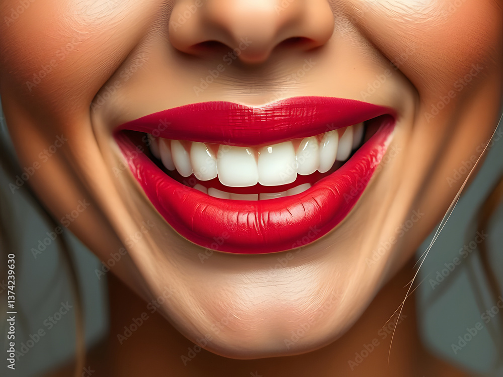 Fototapeta premium Close-up of a Smiling Mouth with Bright Red Lipstick and Perfect White Teeth. Dental Health, Beauty.