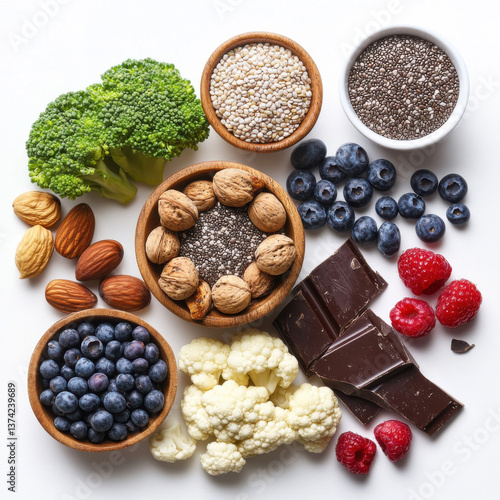 an aerial view of Macadamia, walnut, chia seed, broccoli, cauliflower, mushrooms, lentils, olive oil, chocolate, berries, protein powder on a white background 