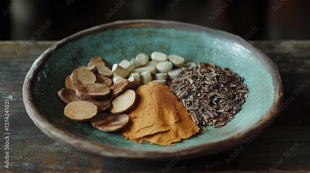 Fototapeta premium Diverse medicinal herbs and supplements are displayed in bowl