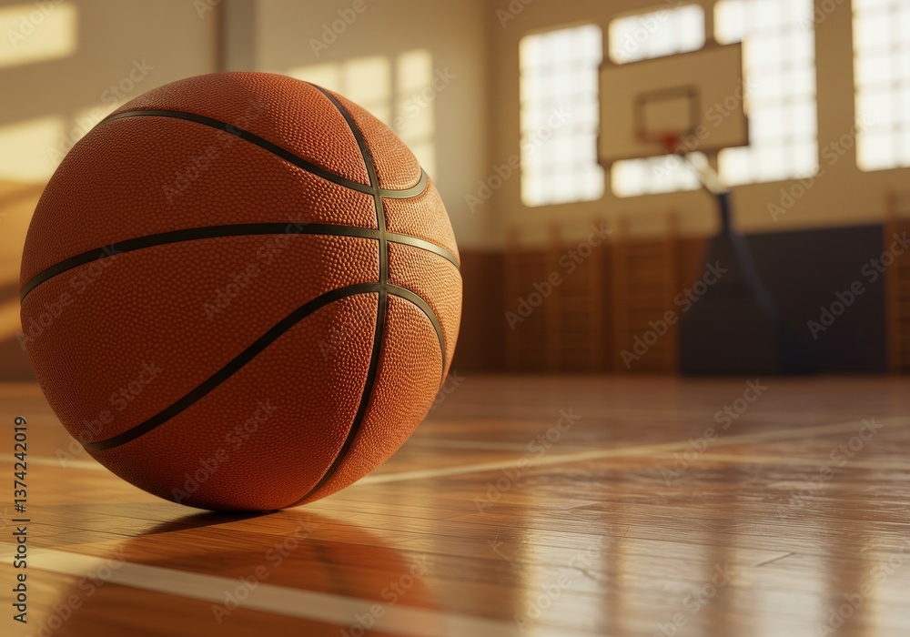 Basketball resting on the gym floor during practice at a spacious sports facility Basketball resting on the gym floor during practice at a spacious sports facility