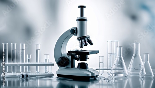 Professional microscope positioned with lab glassware on the table.