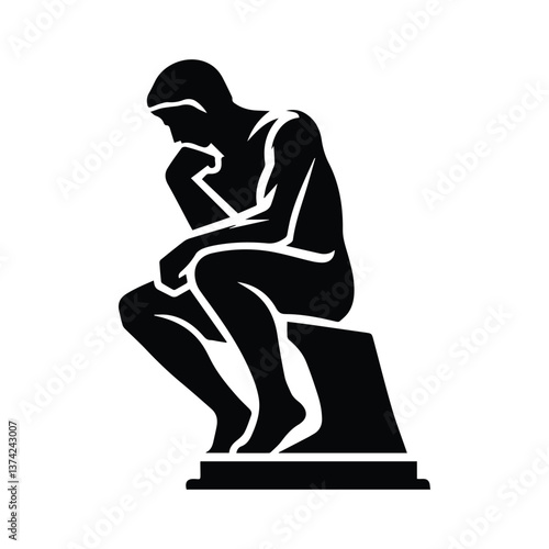 thinker statue icon, man sitting thoughtfully isolated silhouette