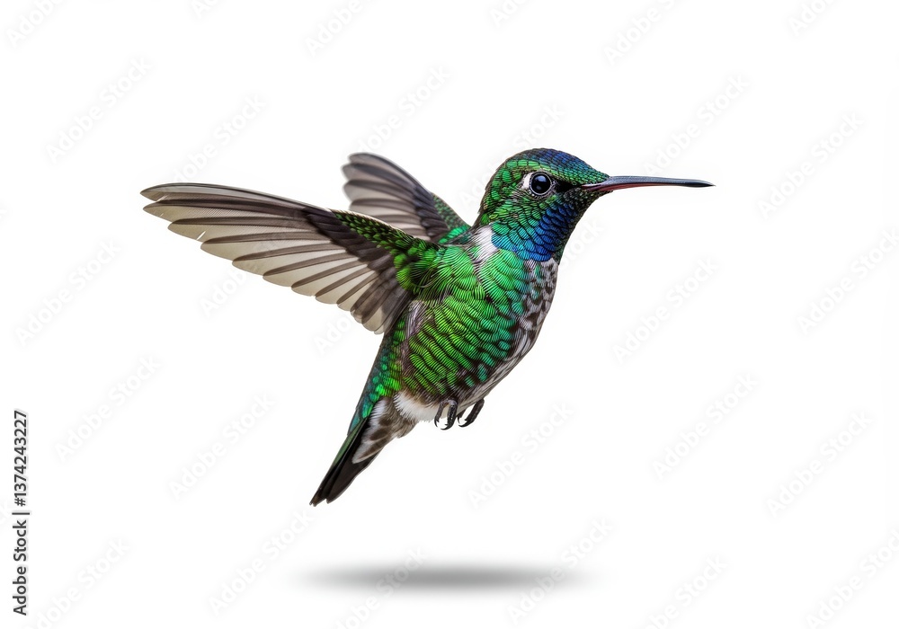 Fototapeta premium Hovering hummingbird displays vibrant colors in a clear environment during daylight hours