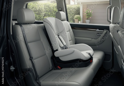 Minimalist white child car seat positioned in a spacious family minivan for safe travel
