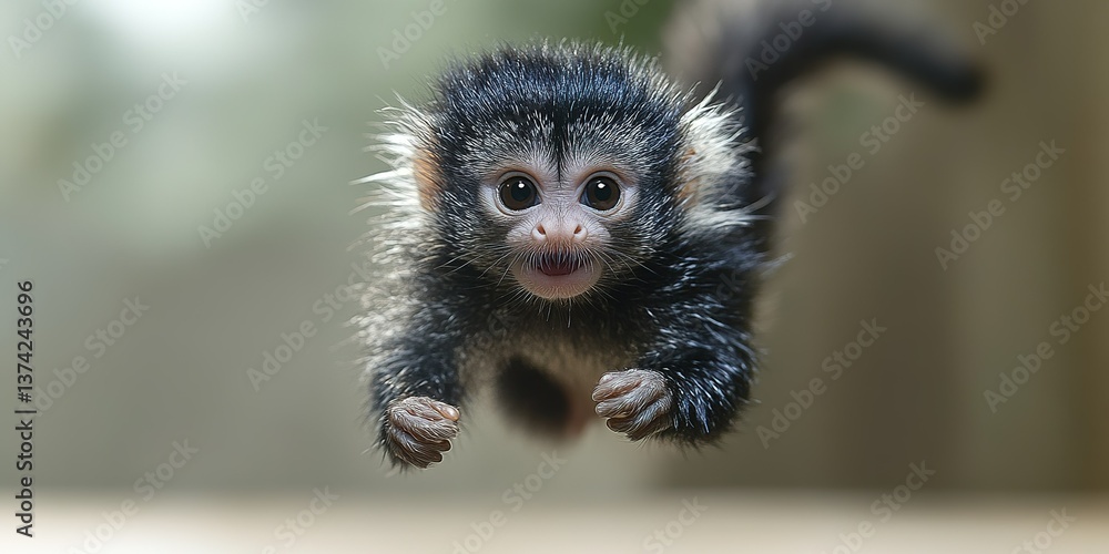 Fototapeta premium Cute monkey leaps playfully in lush green habitat during daylight hours in the wild