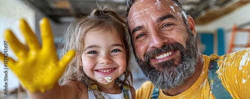 Heartwarming father and daughter painting together, creating lasting memories in their home improvement project, smiles abound as they transform their living space with vibrant colors and shared