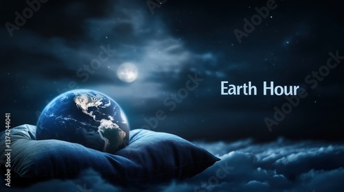 Earth Hour Concept Image: Earth Sleeping on a Blue Pillow with Text 