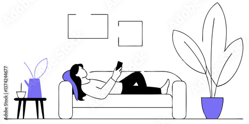 Relaxed woman illustration, lying on stylish sofa in modern living room at home, calmly using device during leisure time