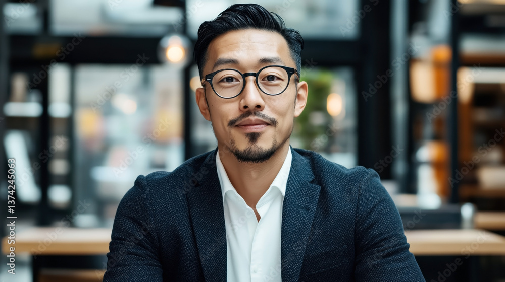 Fototapeta premium Asian businessman wearing glasses in a modern office setting.