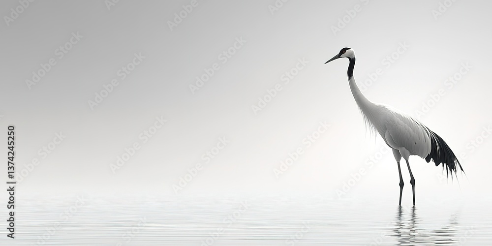 Fototapeta premium Elegant crane standing in calm water during early morning fog