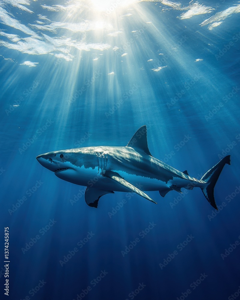 Fototapeta premium Majestic great white shark swimming gracefully in the deep blue ocean with sun rays penetrating the water column