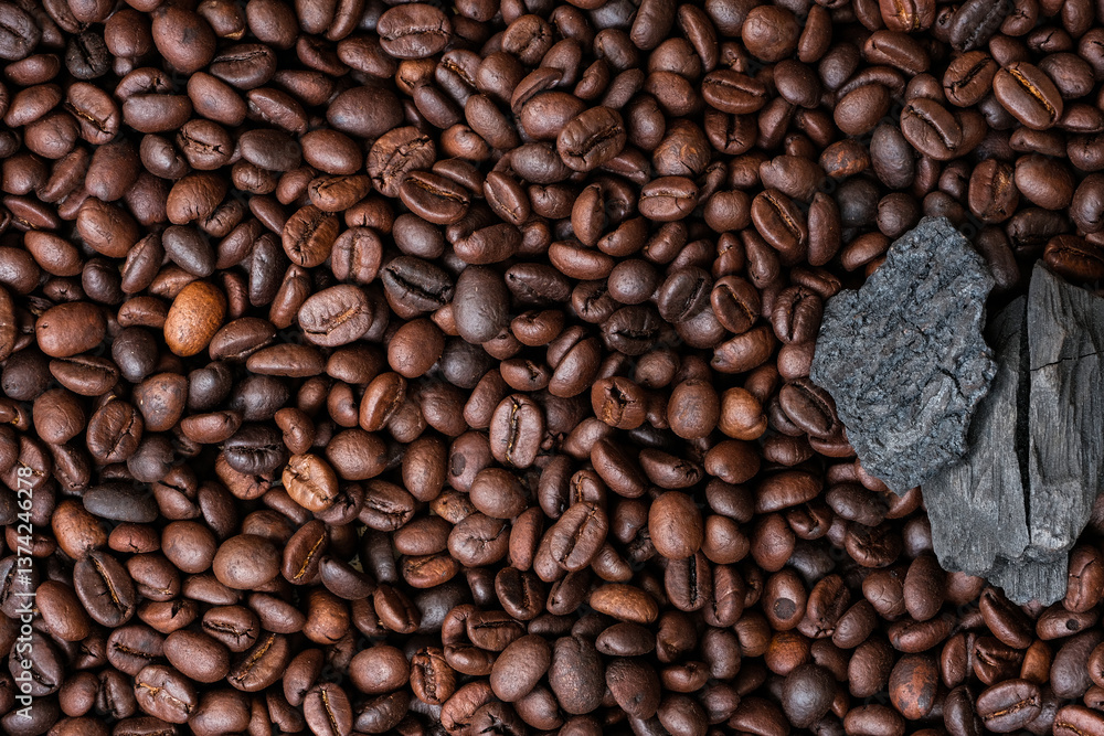 Coffee beans and charcoal, natural production concept Coffee beans and charcoal, natural production concept