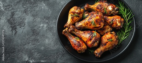 A plate of delicious roasted chicken drumsticks, seasoned with herbs. The golden-brown skin is glistening, and the aroma is mouthwatering!