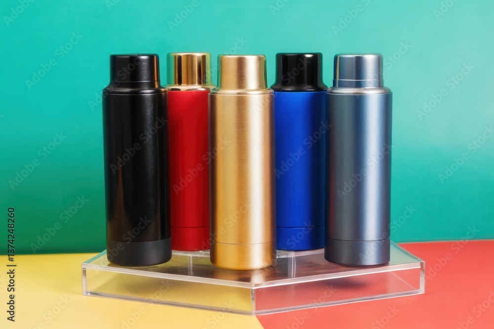 beverage bottles suite Colorful thermos bottles arranged on a display stand against a vibrant background. beverage bottles suite Colorful thermos bottles arranged on a display stand against a vibrant background.