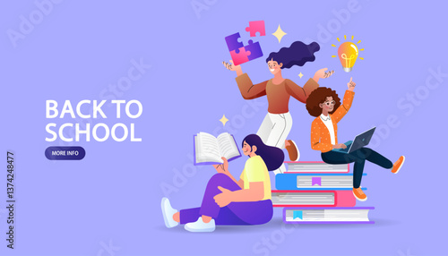 Global Education and ideas success . Knowledge business education concept. Girl and books. Puzzles and Reading book for self skill career development. characters students with book. vector flat.