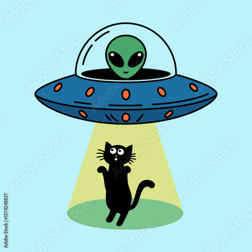 Cartoon Alien in UFO Abducting a Black Cat