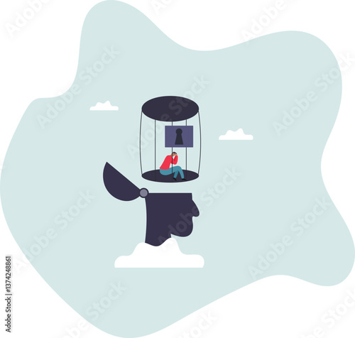 Struggle prison mind, fixed mindset trapped inside psychology, stressed anxiety or overworked, slavery, despair prisoner or depression.character for design.