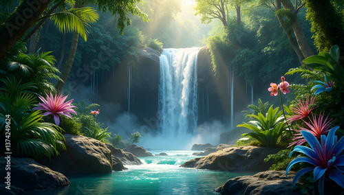 Dream-like Tropical Waterfall with Luxuriant Vegetation. Greatest Nature Landscapes