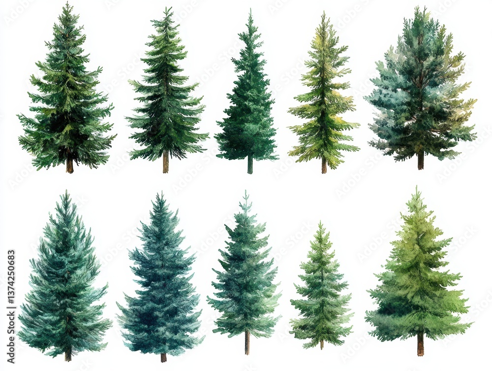 Fototapeta premium Watercolor Illustration of Evergreen Trees Collection Spruce Fir Pine Isolated on White Background Forest Coniferous Plants for Christmas Decoration