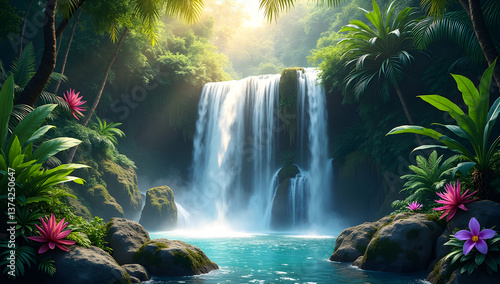 Wide Tropical Waterfall with Crystal Clear Turquoise Pool. Greatest Nature Landscapes