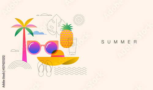Colorful summer background with beach sun hat, palm tree, sunglasses and pineapple. Bright modern illustration with color gradient.