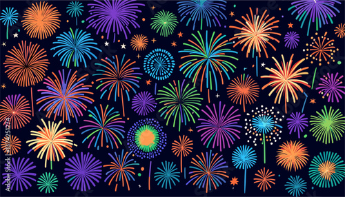 Firework festival celebration background. Festive show in night sky. Exploding Flashes of salutes. Holiday entertainment scene. Colorful flat vector cartoon illustration on dark blue background