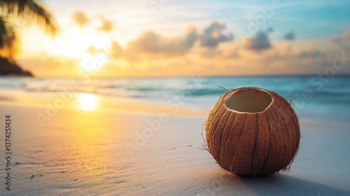 Coconut on Sandy Beach at Sunset with Palm Tree Silhouette