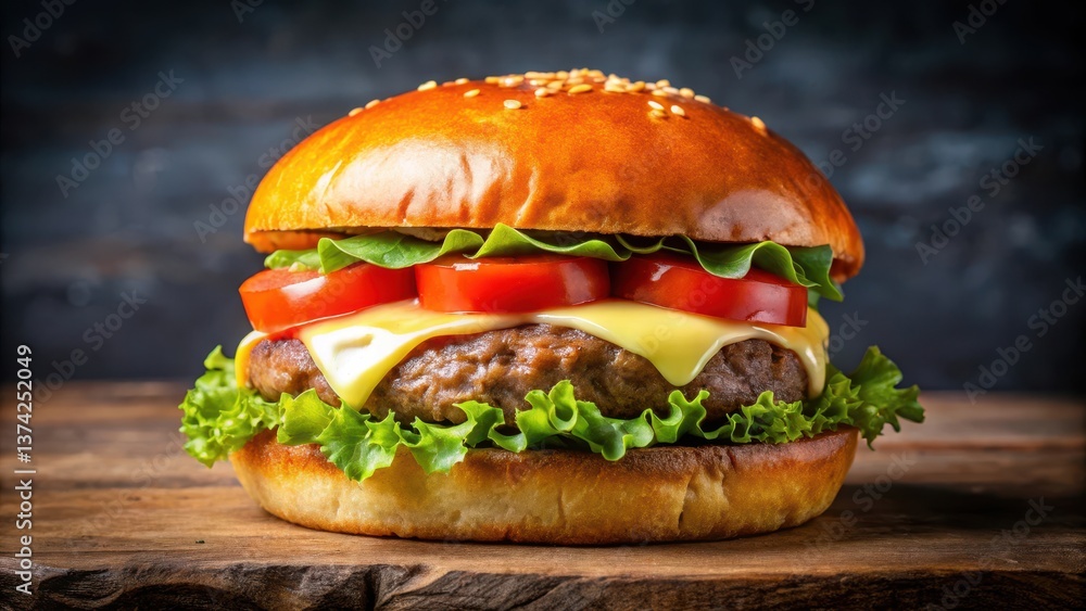 Juicy beef burger patty with melted cheese on a toasted brioche bun, topped with crisp lettuce and juicy tomato slices , lunch, meat Juicy beef burger patty with melted cheese on a toasted brioche bun, topped with crisp lettuce and juicy tomato slices , lunch, meat