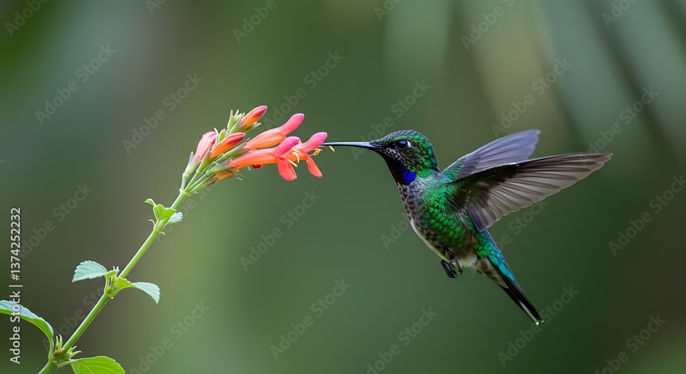 Fototapeta premium Hummingbird Feeding on Flower with Green Plumage and Dark Background