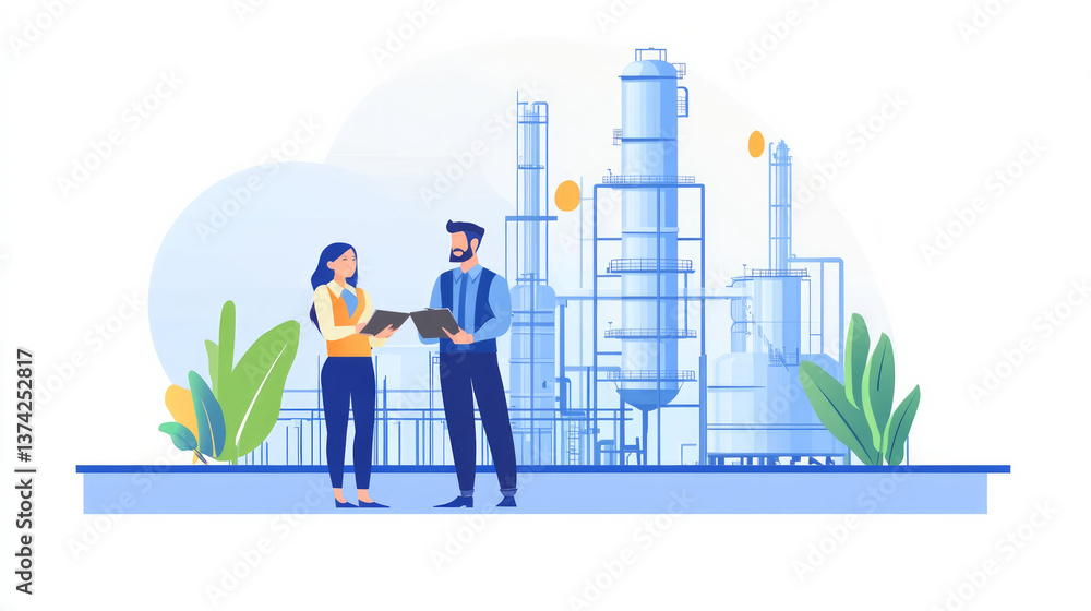 This image shows a man and woman petrochemical engineers collaborating in a teamwork meeting. AI generative This image shows a man and woman petrochemical engineers collaborating in a teamwork meeting. AI generative