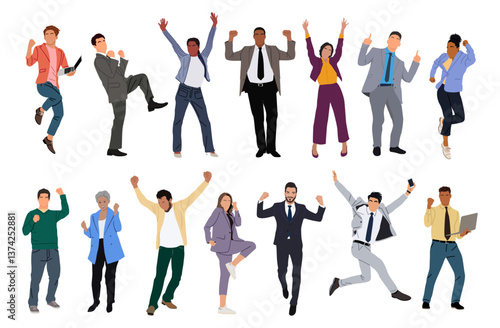 Set of different business people celebrating win, goal achievement. Business team with hands up isolated on white background. Concept of victory and success. Vector illustration in flat cartoon style.