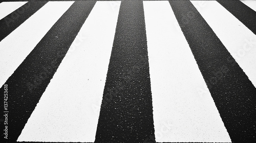 Close up of a zebra crossing with white stripes on black asphalt.