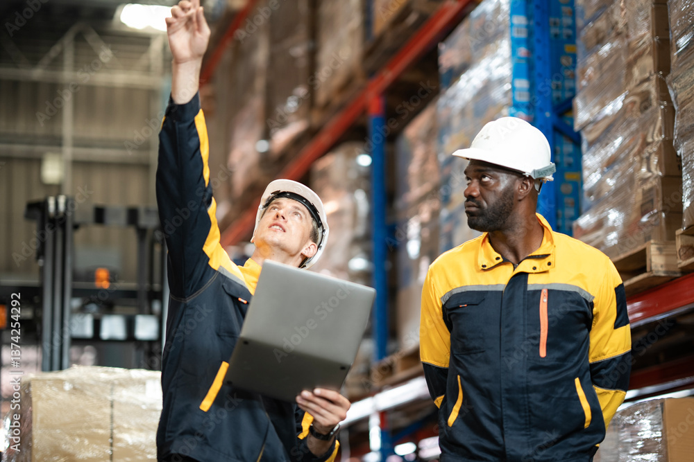 Obraz premium African American and White employee holding laptop, worker in yellow collar having conversation pointing at cardboard box on shelf in warehouse. Two men work in logistic industry.